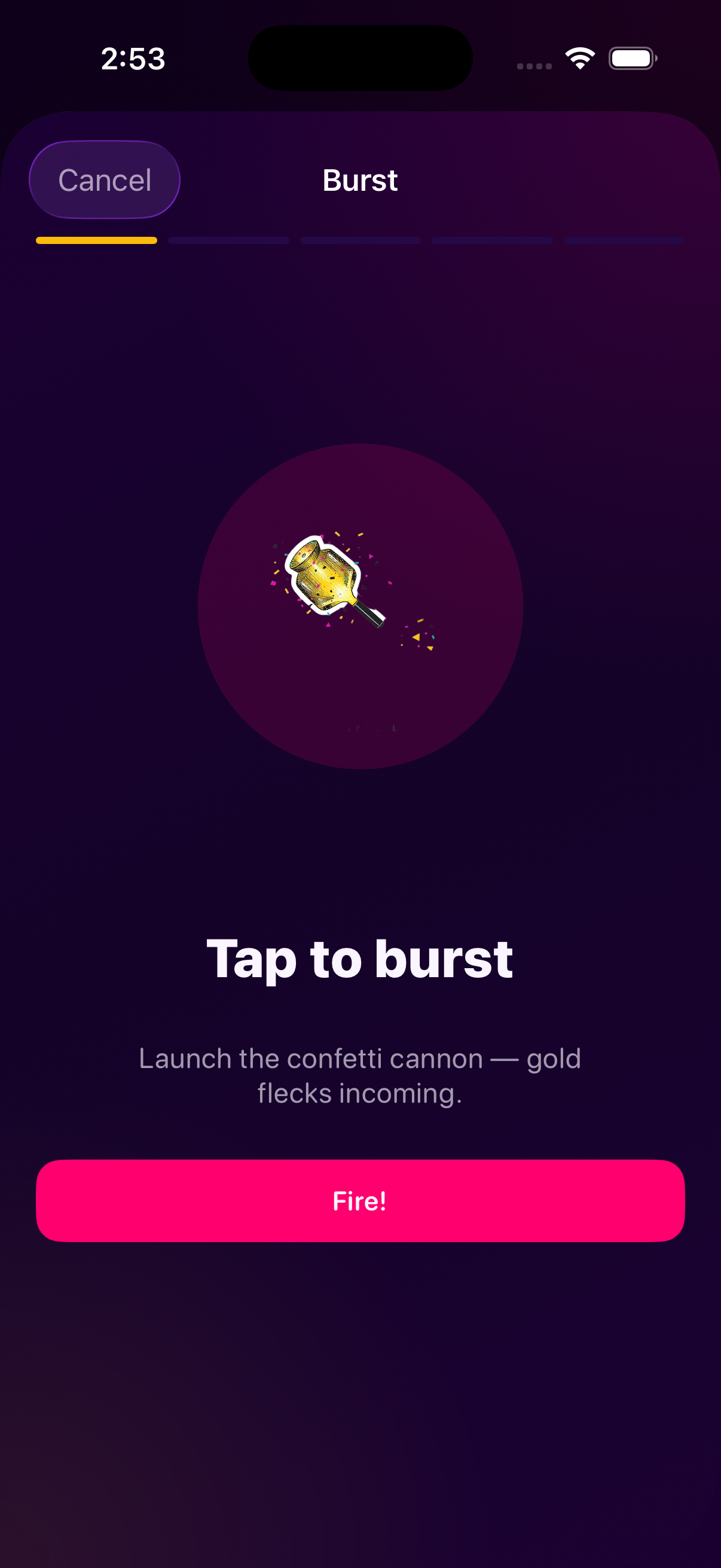 Burst fire confetti cannon screen